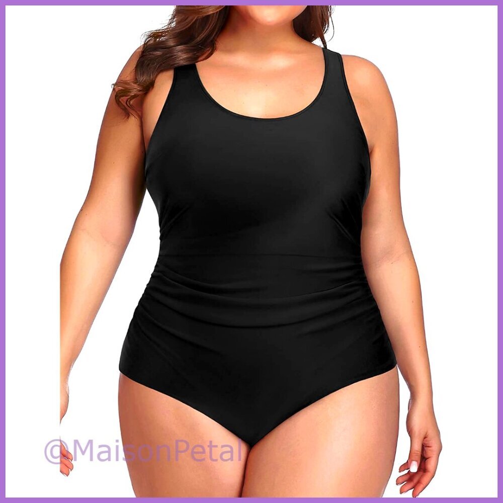 Plus Size Athletic One Piece Swimsuit Tummy Control Ruched U-Back